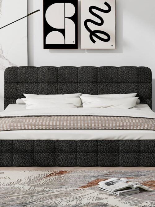 Euroco Upholstered Queen Size Platform Bed with Tuft Headboard, Black