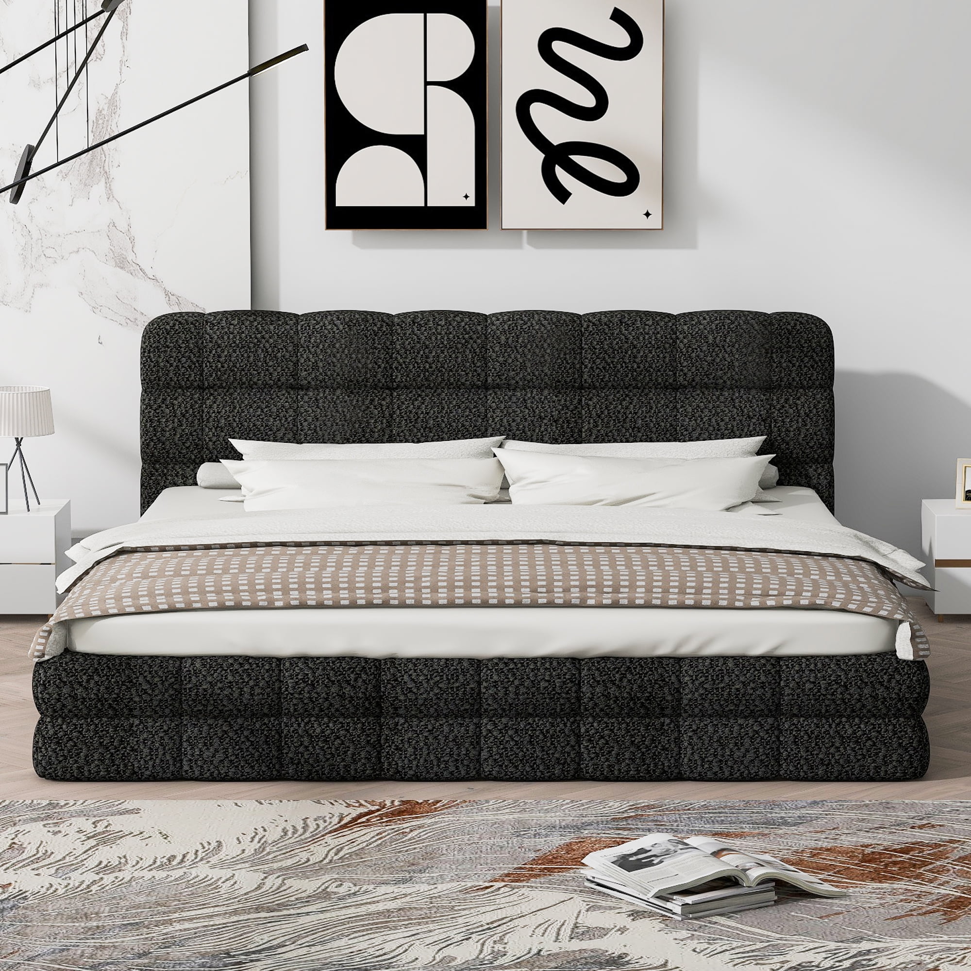 Euroco Upholstered Queen Size Platform Bed with Tuft Headboard, Black