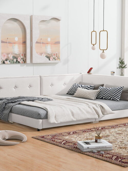 Euroco Upholstered Queen Size Platform Bed with USB Charging Station, Beige
