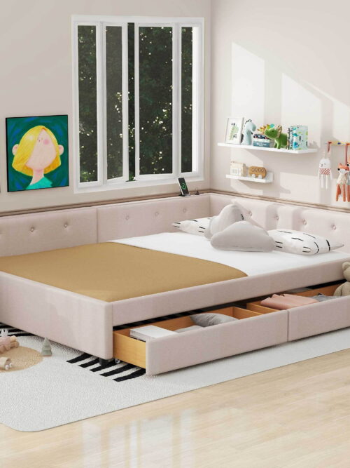 Euroco Upholstered Full Size Platform Bed with 2 Storage Drawers for Kids Teens, Beige