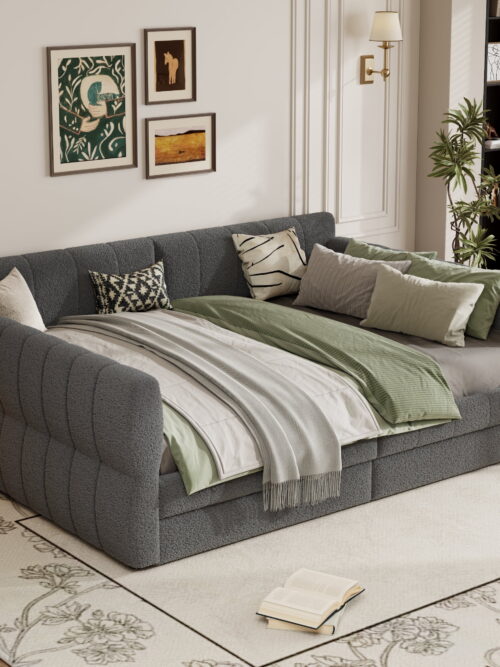 Euroco Upholstery Queen Size Platform Bed, Sofa Bed with USB Charging Station and 2 Drawers, Gray