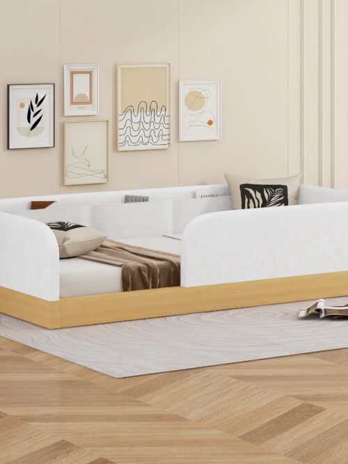 Euroco Upholstery Twin Platform Bed, Floor Bed with Storage and Guardrails, Natural