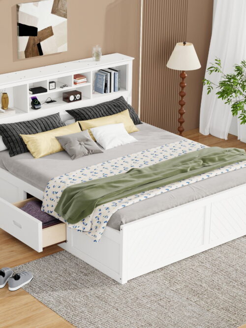Euroco Wood King Size Platform Bed with Storage Headboard, Drawers and USB Charging Station, White