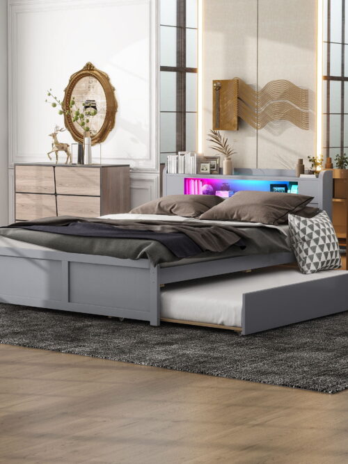 Euroco Wood Queen Size Platform Bed with Storage Headboard, Drawers Trundle and LED Light, Gray