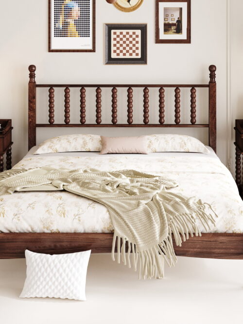 Euroco Wood Retro Style Queen Size Platform Bed with Slats for Living Room, Walnut