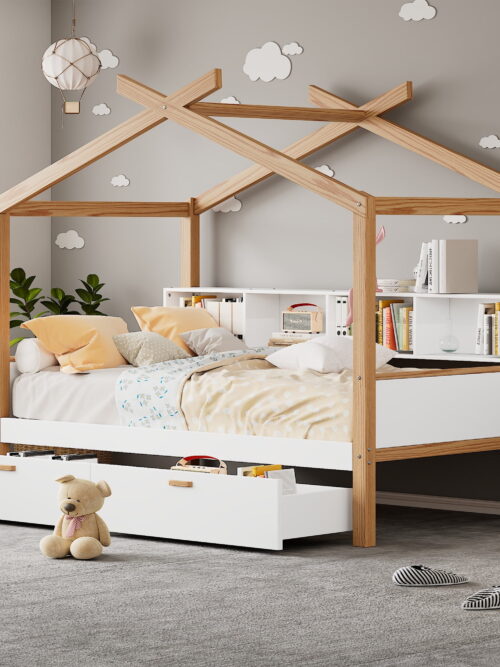 Euroco Wood Twin Size House Bed with Bookcase and Drawers, White