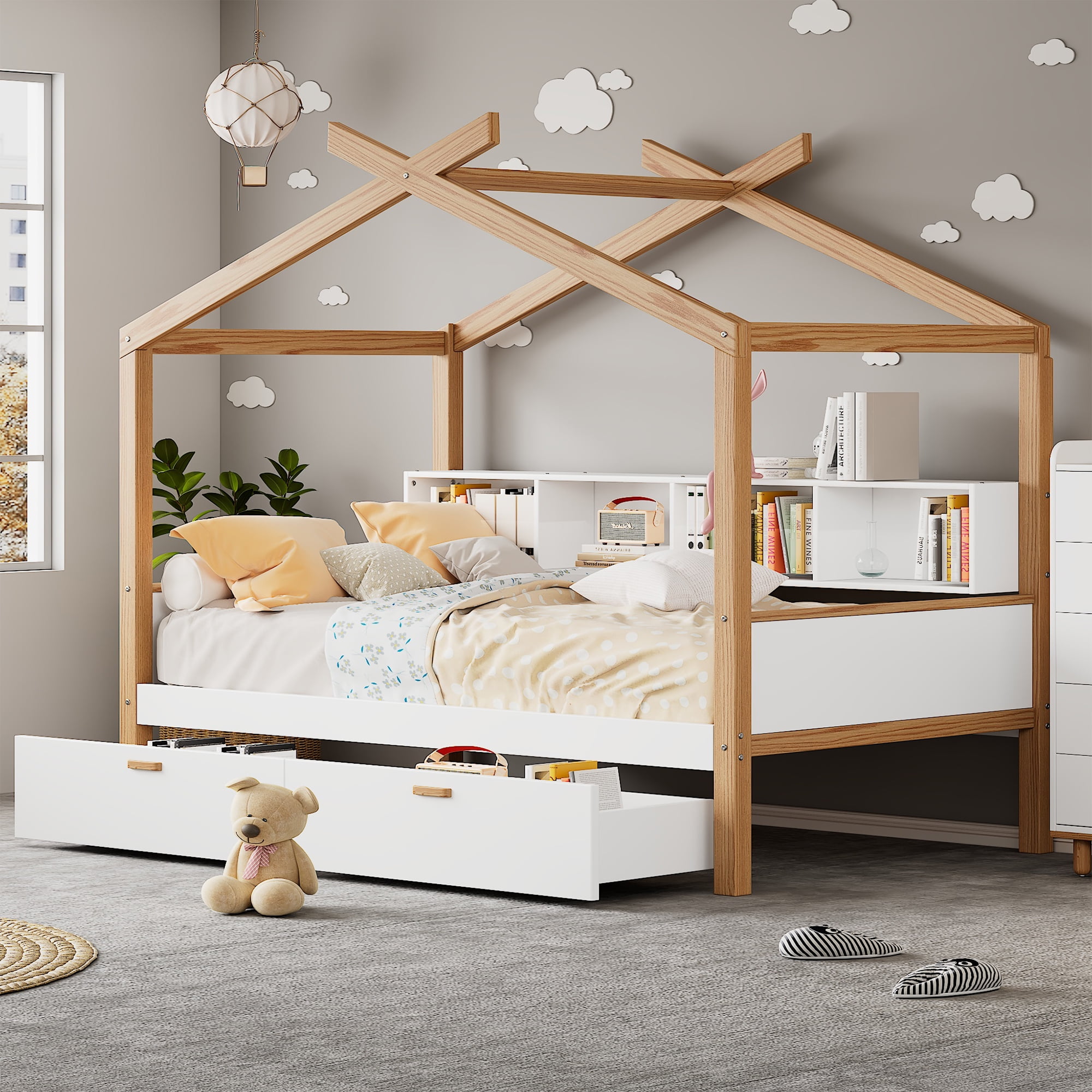 Euroco Wood Twin Size House Bed with Bookcase and Drawers, White