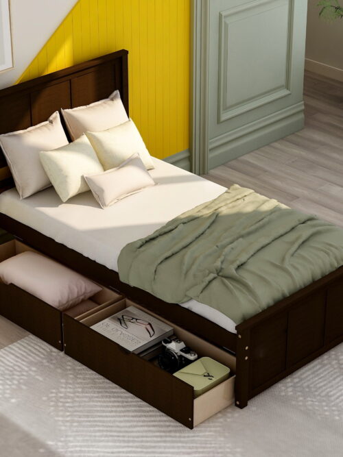 Euroco Wood Twin Size Platform Bed with Drawers for Kids Teens, Espresso