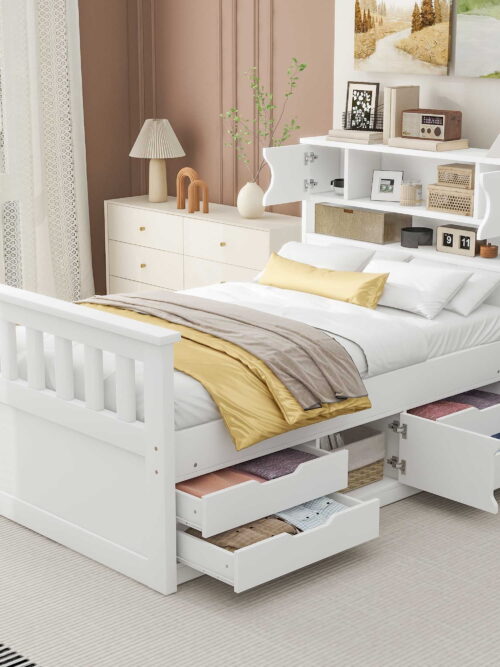 Euroco Wood Twin Size Platform Bed with Storage Headboard, Captain Bed with 4 Drawers, Bookcase and Cabinets for Kids Teens, White