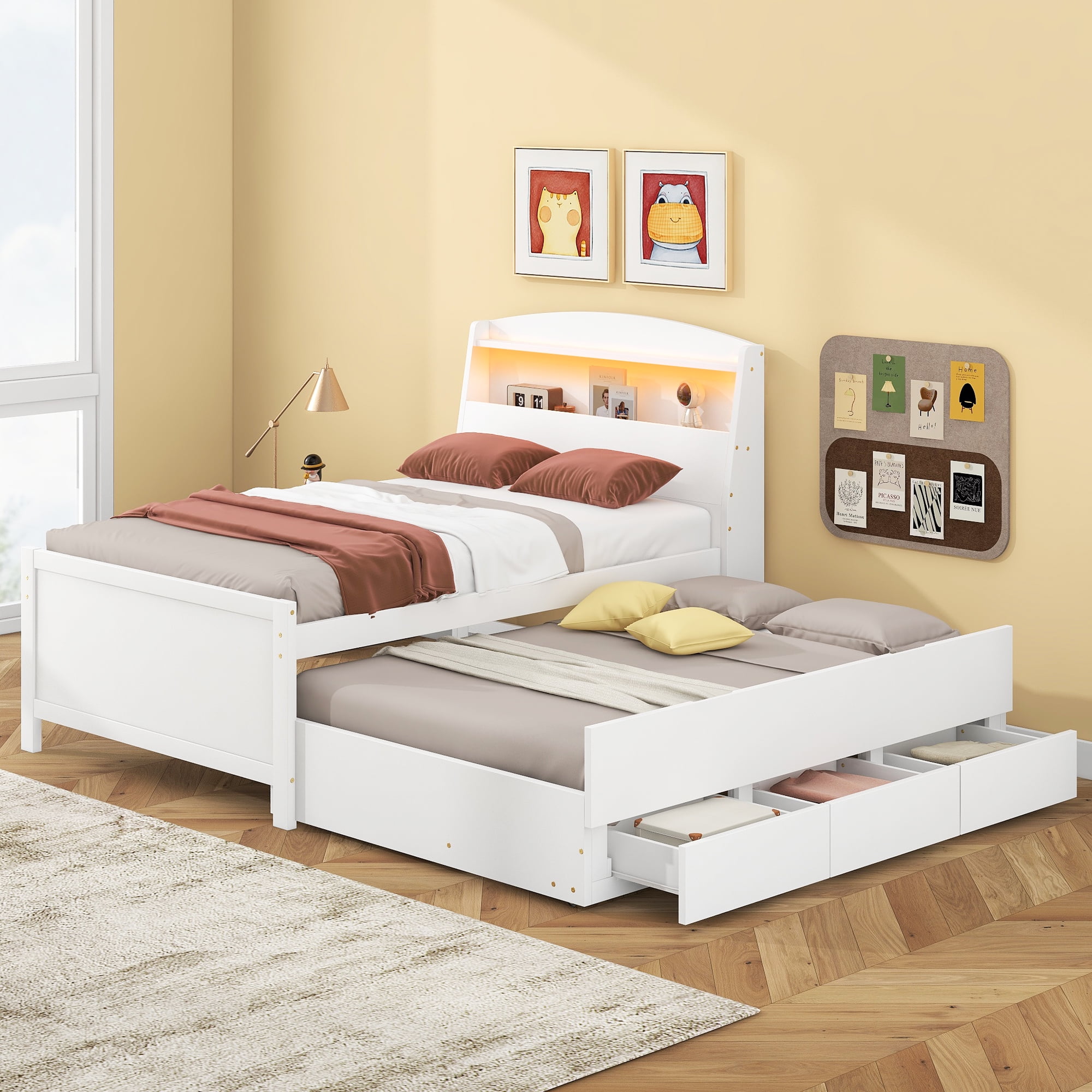 Euroco Wood Twin Size Platform Bed with Storage Headboard, Drawers Trundle and LED Light, White