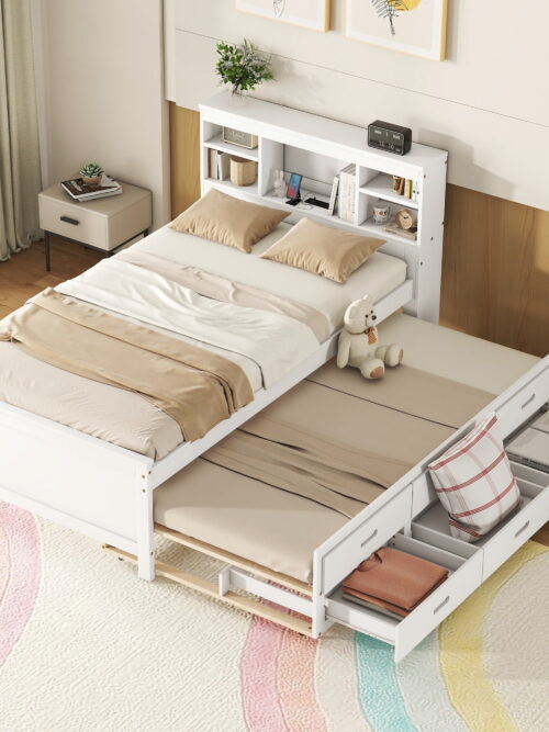 Euroco Wood Twin Size Platform Bed with Storage Headboard, Trundle Bed and 3 Drawers, USB Charging and Shleves for Kids Teens, White
