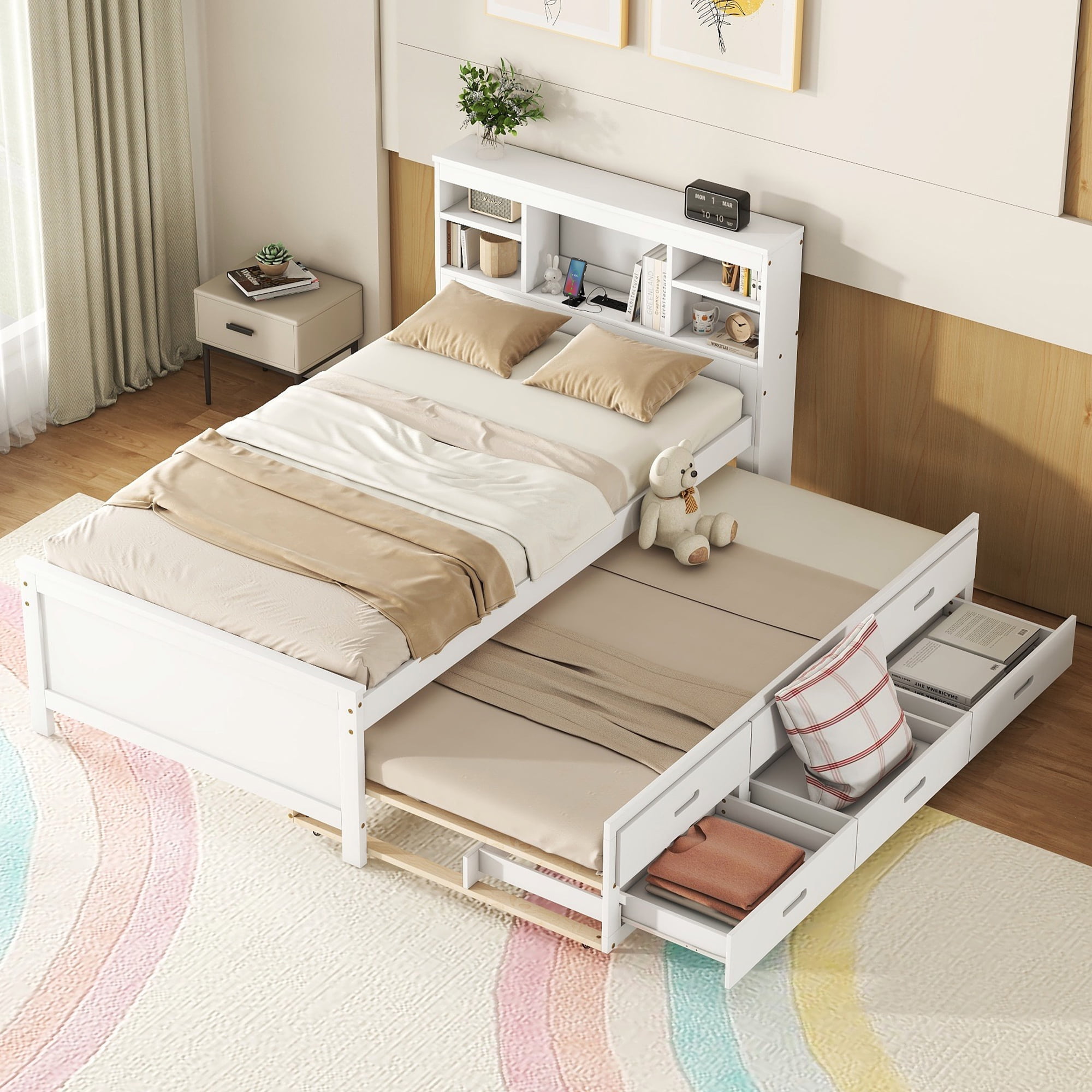 Euroco Wood Twin Size Platform Bed with Storage Headboard, Trundle Bed and 3 Drawers, USB Charging and Shleves for Kids Teens, White