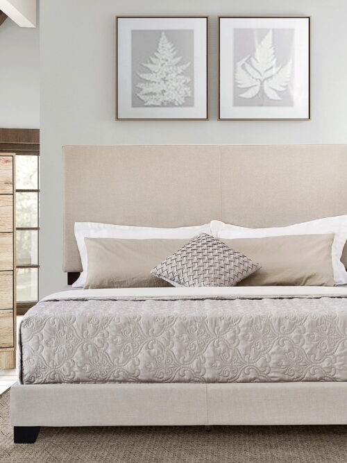 Home Design Evon King Linen Upholstered Bed Frame with Foam Padding and Polyester Upholstery, Warm Gray, Easy assembly