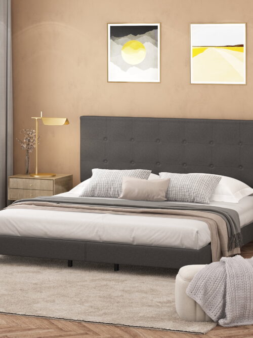 Furinno Laval Button Tufted Bed Frame, 12PC Slat Style, Stone, King