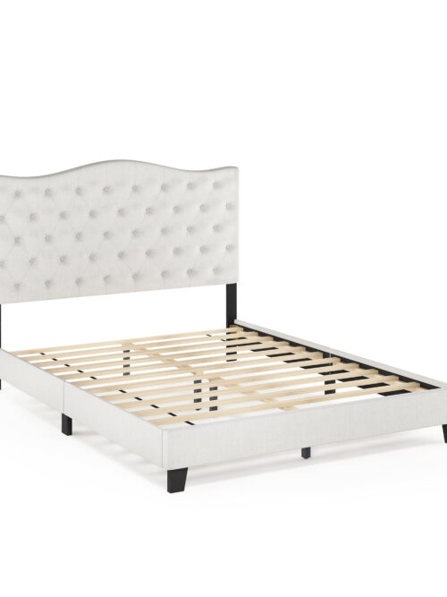 Furinno Lille Button Tufted Bed Frame, Linen, Queen