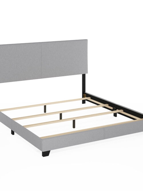 Furinno Pessac Fabric Upholstered Bed Frame with Wooden Slat Support, King, Glacier