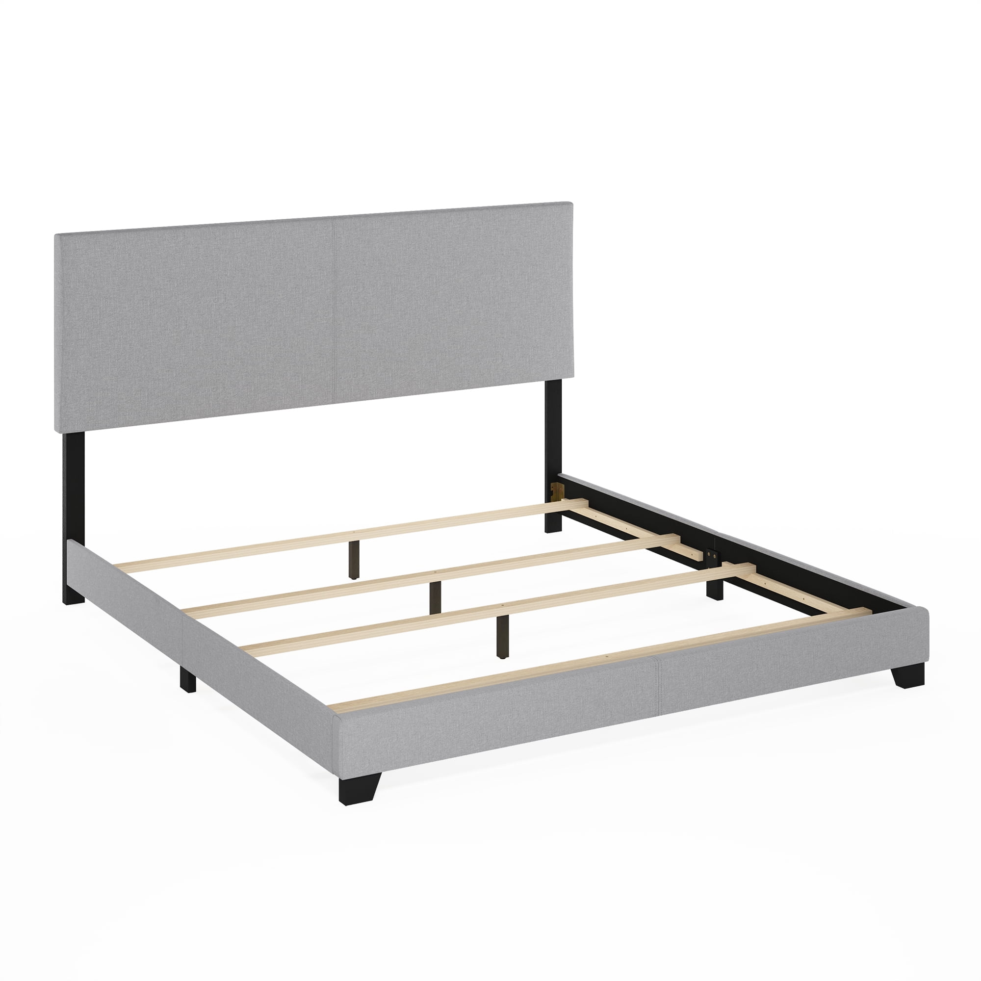 Furinno Pessac Fabric Upholstered Bed Frame with Wooden Slat Support, King, Glacier