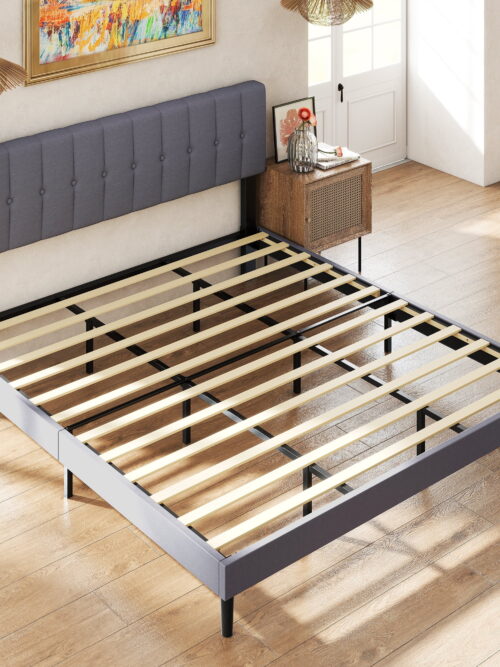GIANNA King Size Platform Bed – Fabric Upholstered, Sturdy Wood Slats, No Box Spring Needed, Grey