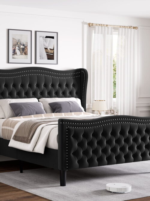 Gewnee Queen Bed Frame with 52'' Tall Headboard Velvet Upholstered Bed Frame,Double Nail & Wingback Design Platform Bed Frame.Black