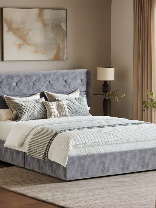 Gianna Queen Size Lift Up Storage Bed with Hydraulic Support, Wingback Velvet Upholstered Headboard, No Box Spring Needed, Grey