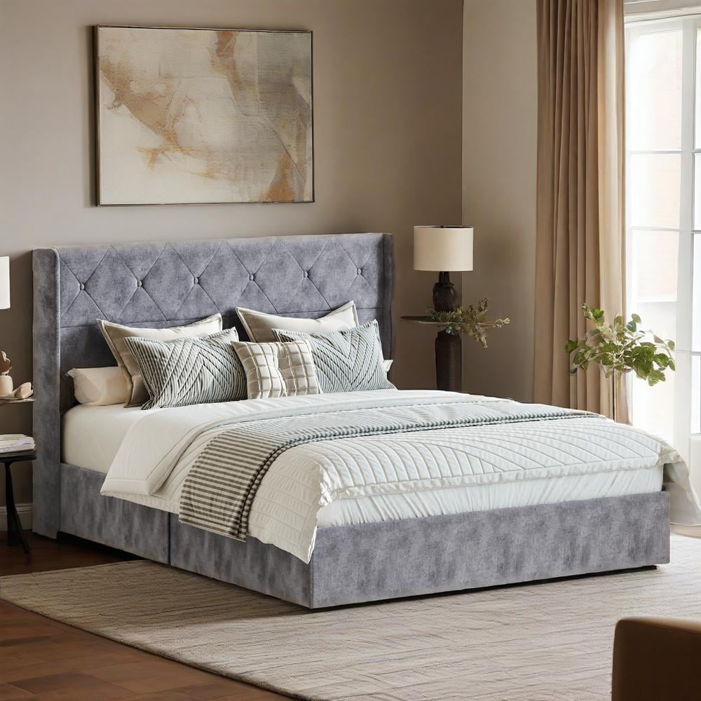 Gianna Queen Size Lift Up Storage Bed with Hydraulic Support, Wingback Velvet Upholstered Headboard, No Box Spring Needed, Grey