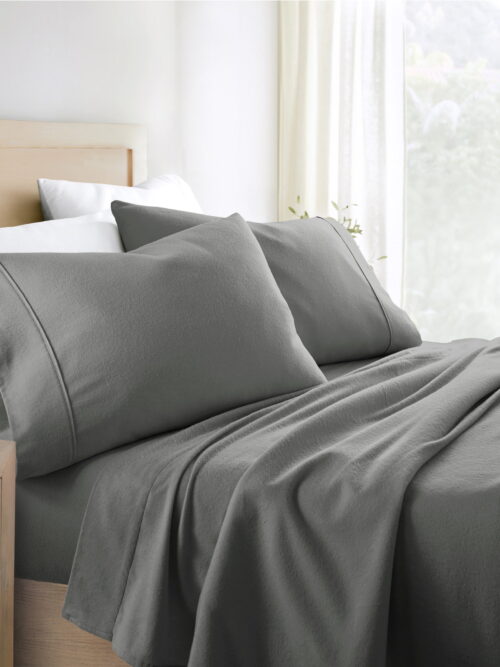 Gray 4 Piece 100% Cotton Flannel Deep Pocket Sheet Set, King, by Noble Linens