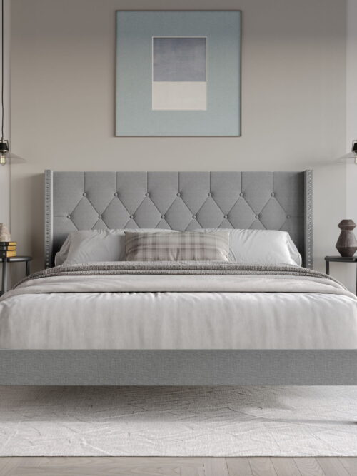 Home Design Cicero Queen Tufted Upholstered Wingback Panel Bed Frame with Button-Tufted Headboard & Nailhead Trim, Gray, Easy Assembly