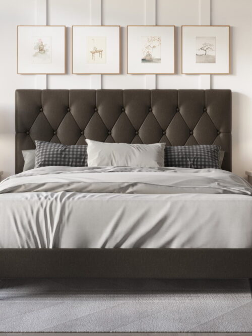 Home Design Daisy Twin Modern Upholstered Platform Bed Frame with Button Tufted Headboard, PU Brown Leather, Easy Assembly