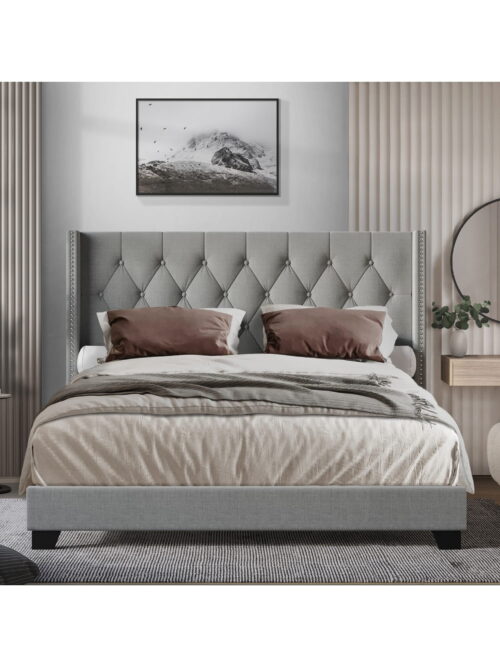 Home Design Danbury Twin Tufted Upholstered Panel Bed Frame For Adult, Box Spring Required (Sold Separately), Gray