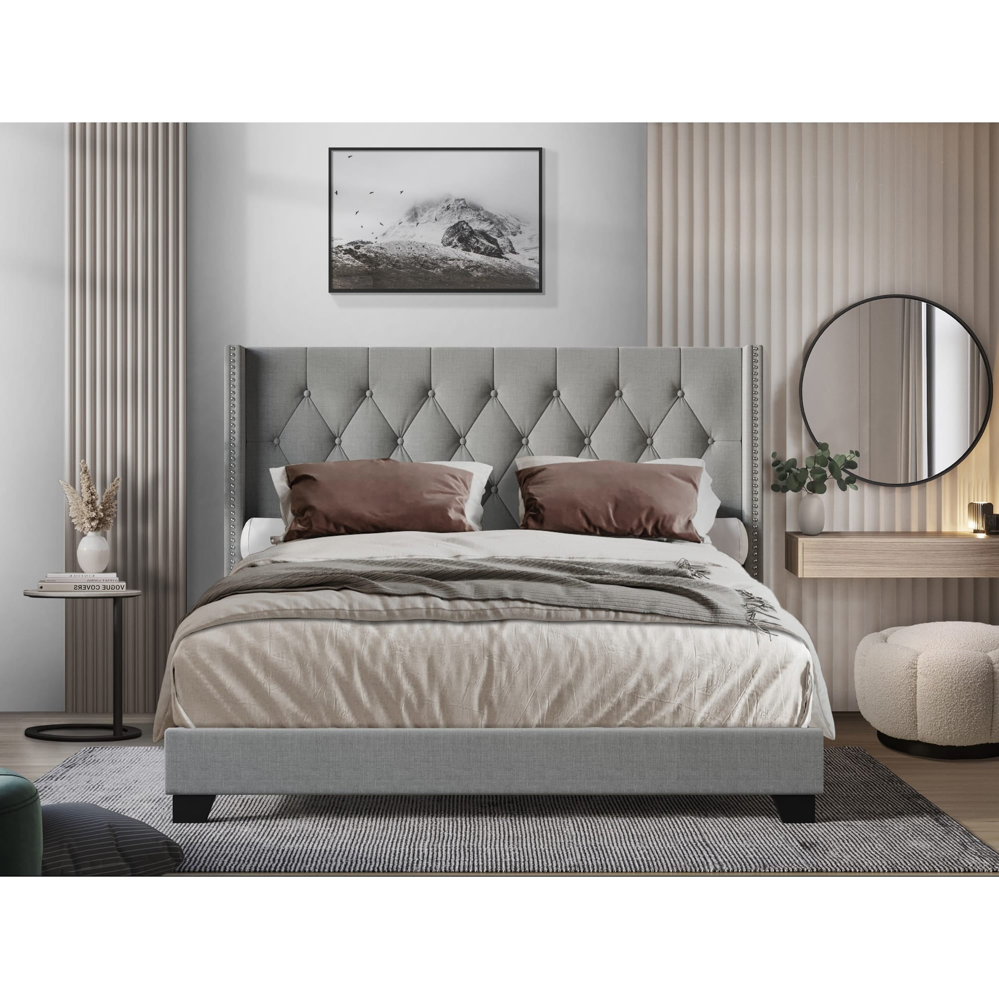Home Design Danbury Twin Tufted Upholstered Panel Bed Frame For Adult, Box Spring Required (Sold Separately), Gray