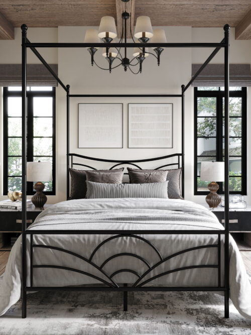 Home Design Denver King Metal Canopy Bed Frame with Arched Headboard and Central Support Leg, Black, Easy Assembly