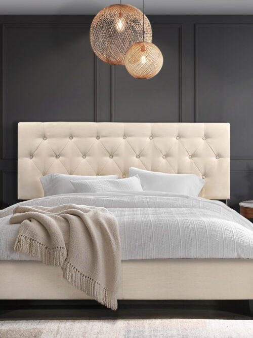 Home Design Dillon Queen Tufted Upholstered Panel Bed Frame with Button Tufting and Foam-Filled Headboard, Beige, Easy Assembly