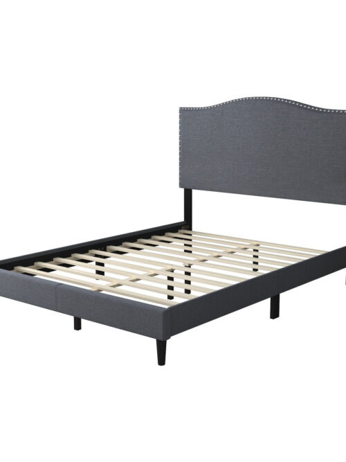Home Design Manuel King Upholstered Platform Bed Frame with Nailhead Trim and Foam-Filled Headboard, Gray, Easy assembly