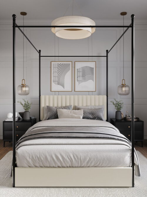 Home Design Passaic Queen Upholstered Metal Storage Canopy Bed Frame with Vertical-Channel Tufted Headboard and Four Under-Bed Drawers, Beige, Easy Assembly