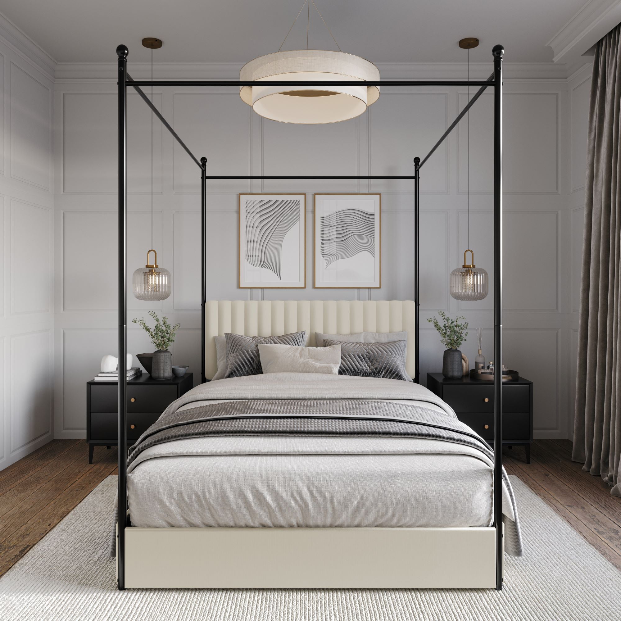 Home Design Passaic Queen Upholstered Metal Storage Canopy Bed Frame with Vertical-Channel Tufted Headboard and Four Under-Bed Drawers, Beige, Easy Assembly