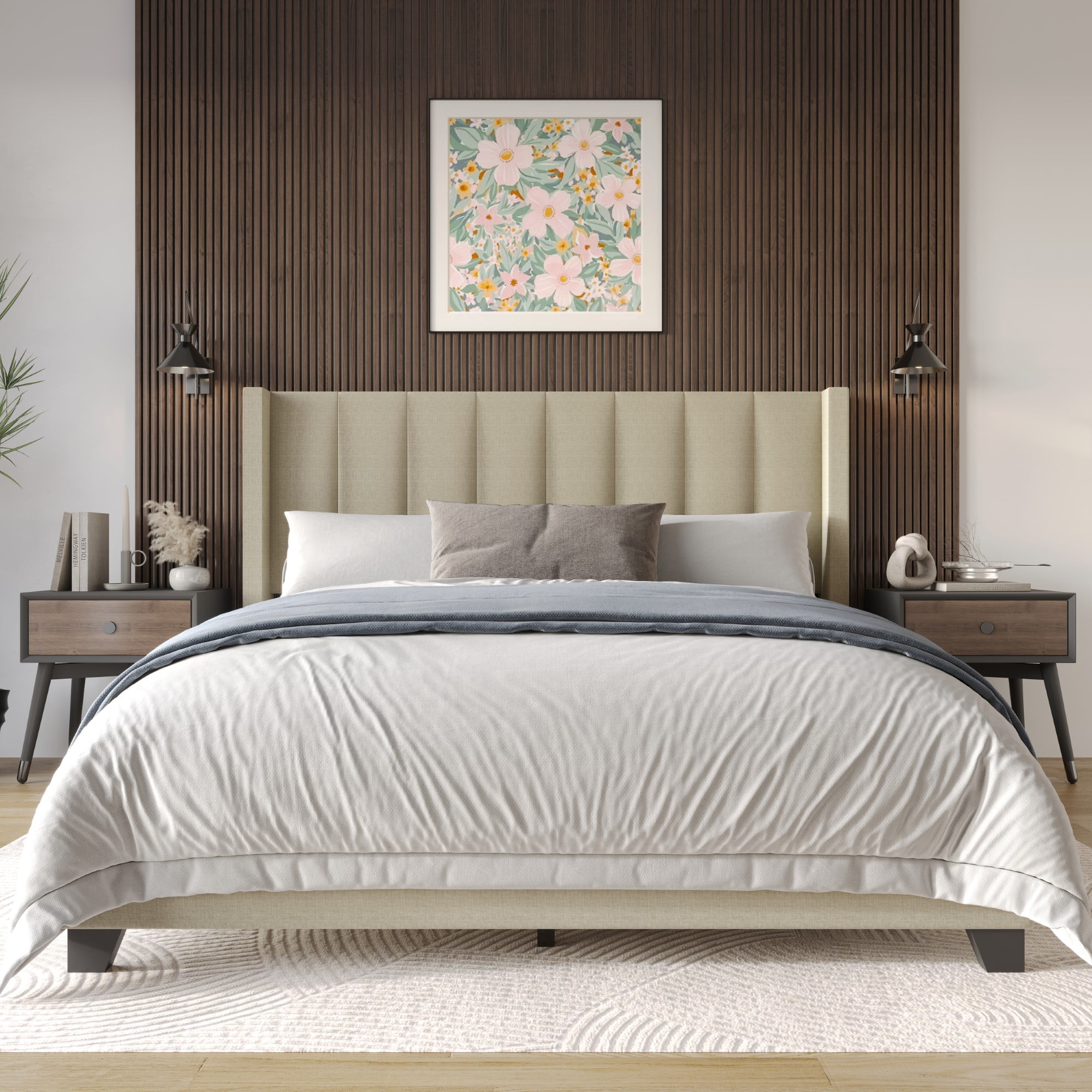 Home Design Saco King Upholstered Platform Bed Frame For Adult, Dark Beige, Easy Assembly