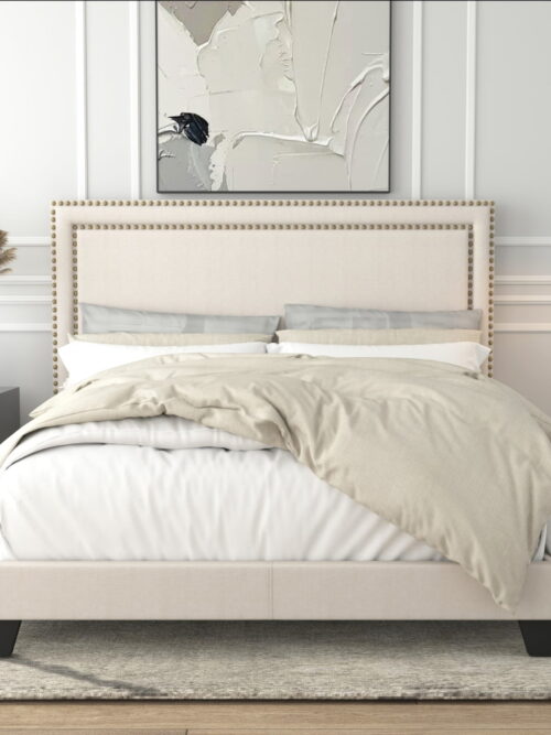 Home Design Adam Queen Upholstered Panel Bed Frame with Nailhead Trim and Padded Headboard, Beige, Easy assembly