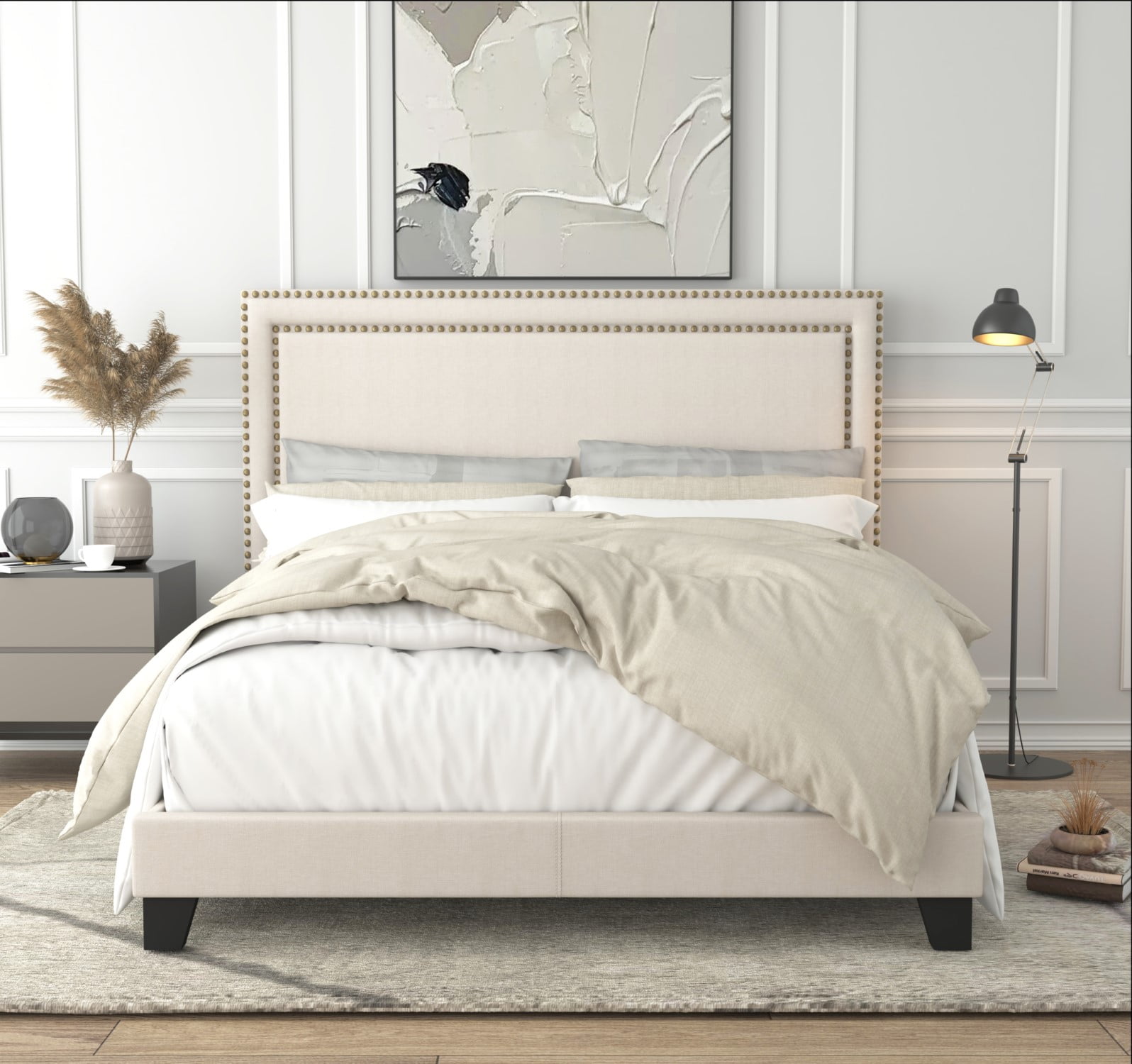 Home Design Adam Queen Upholstered Panel Bed Frame with Nailhead Trim and Padded Headboard, Beige, Easy assembly