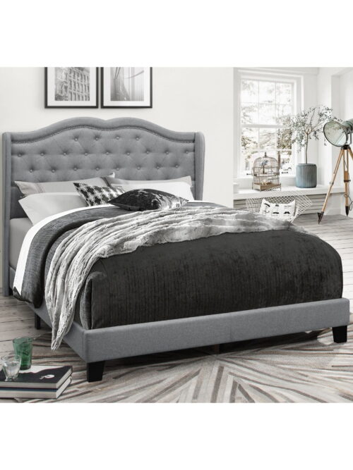 Home Design Aden Queen Upholstered Panel Bed Frame with Wingback Headboard, Button Tufted, Gray, Easy Assembly, for Adult Bedroom