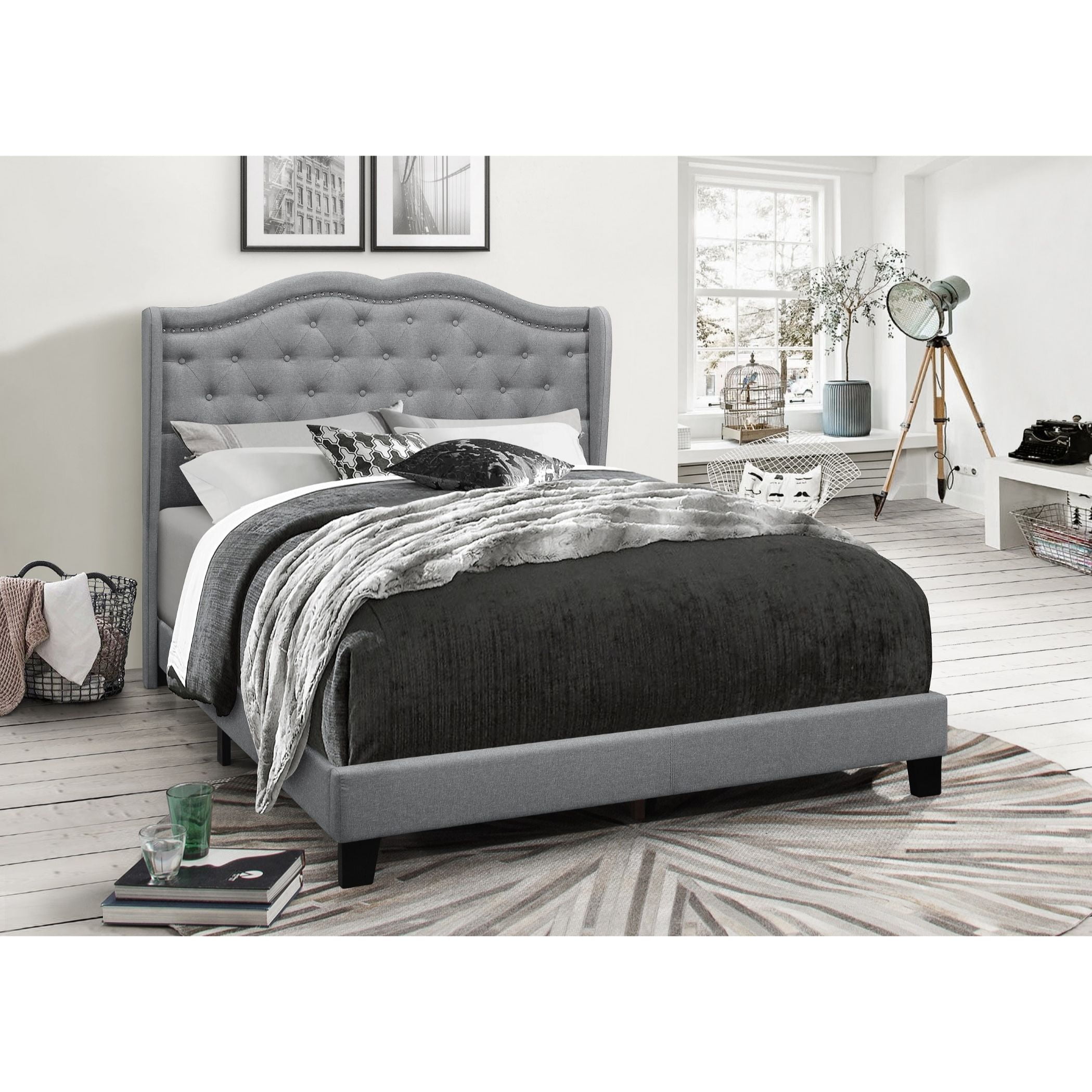 Home Design Aden Queen Upholstered Panel Bed Frame with Wingback Headboard, Button Tufted, Gray, Easy Assembly, for Adult Bedroom