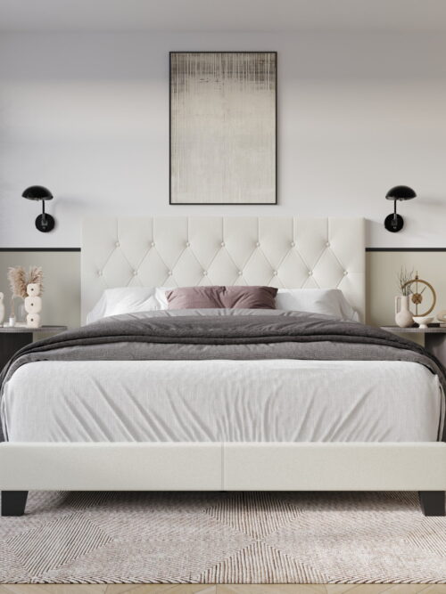 Home Design Boone Queen Tufted Upholstered Panel Bed with Faux Leather and Padded Headboard, White, Easy Assembly