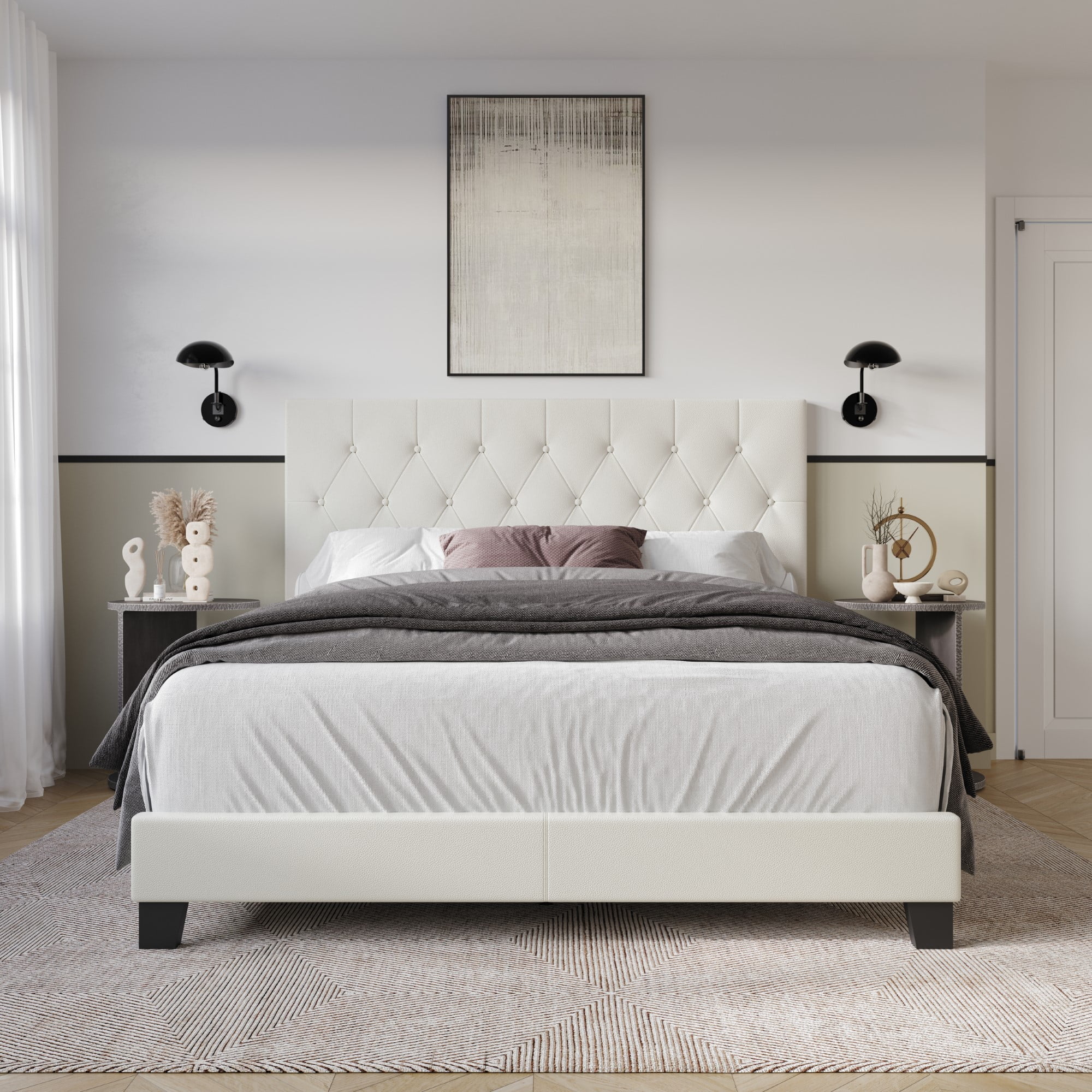 Home Design Boone Queen Tufted Upholstered Panel Bed with Faux Leather and Padded Headboard, White, Easy Assembly
