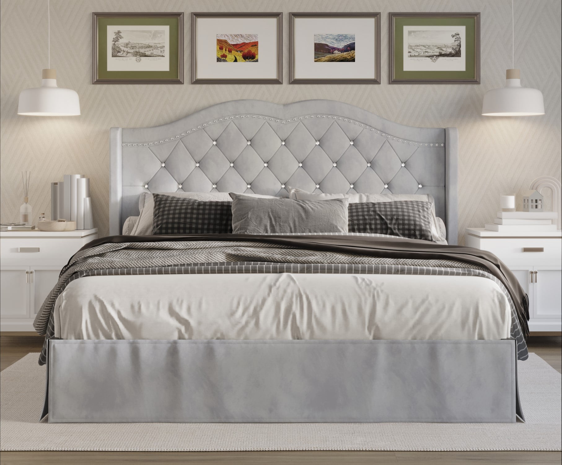 Home Design Bruce King Tufted Upholstered Platform Bed Frame with Wingback Headboard and Nailhead Trim, Silver Gray, Easy Assembly