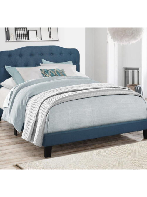 Home Design Carmel Upholstered King Panel Bed Frame with Curved Tufted Headboard and Padded Seat, Blue, Easy assembly