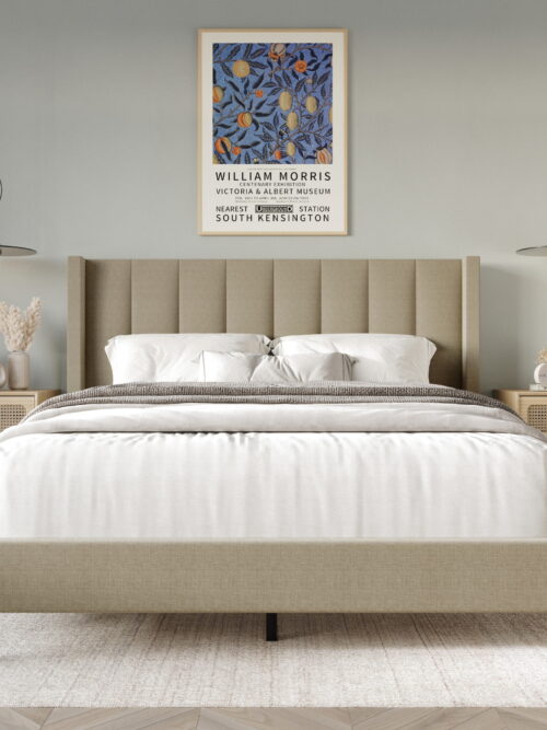 Home Design Cranston King Upholstered Panel Bed with Wingback Headboard and Vertical Channel Tufting, Dark Beige, Easy Assembly