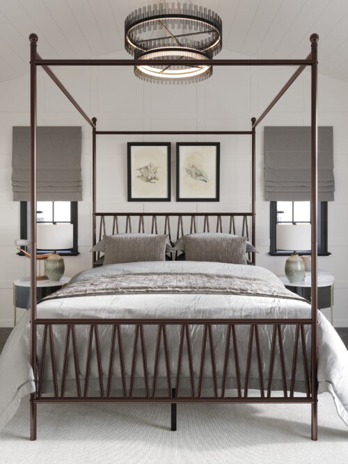 Home Design Dallas Queen Metal Canopy Bed with Zigzag Headboard and Under-Bed Storage, Brown