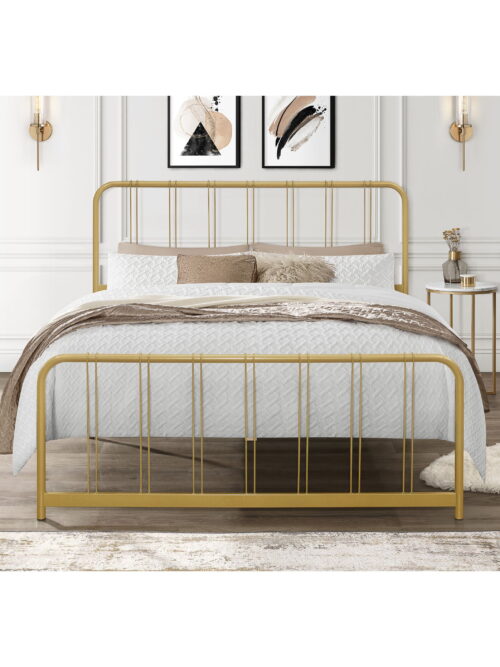 Home Design Debra Queen Metal Platform Bed Frame with Sturdy Frame and Openwork Design, Gold, Easy Assembly