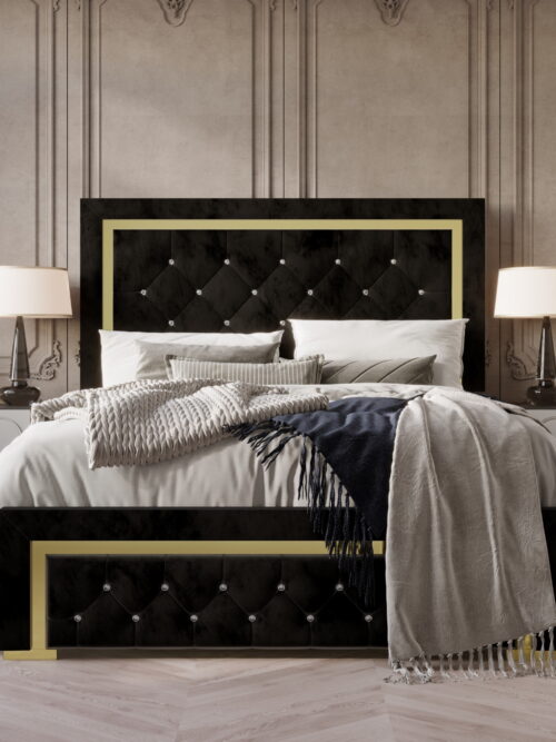 Home Design Deena Queen Upholstered Panel Bed Frame with Diamond Tufting and Gold Legs, Black, Easy Assembly