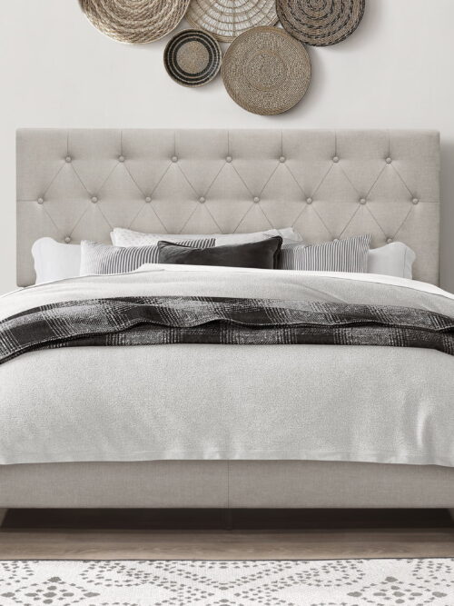 Home Design Dillon Queen Tufted Upholstered Panel Bed Frame with Button Tufting and Foam-Filled Headboard, Warm Gray, Easy Assembly