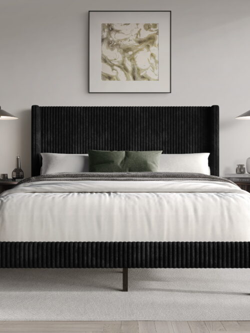 Home Design Duluth Queen Corduroy Velvet Upholstered Platform Bed Frame with Wingback Headboard & Button-Tufted Detail, Black, Easy Assembly